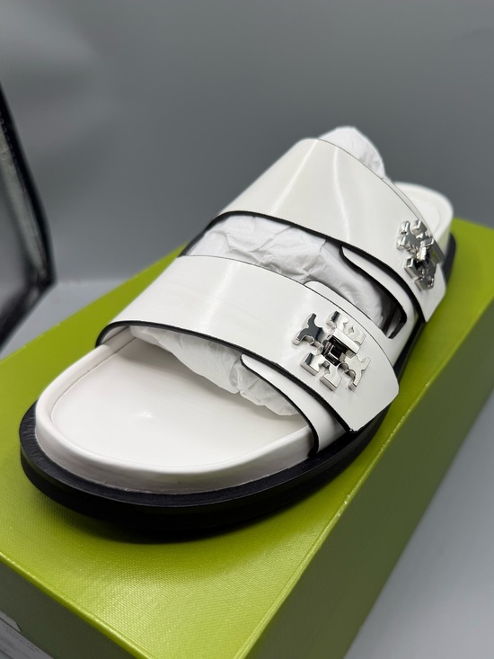 Tory Burch Shoes - Tory Burch White Double-Strap Slide Sandals with Silver Logos